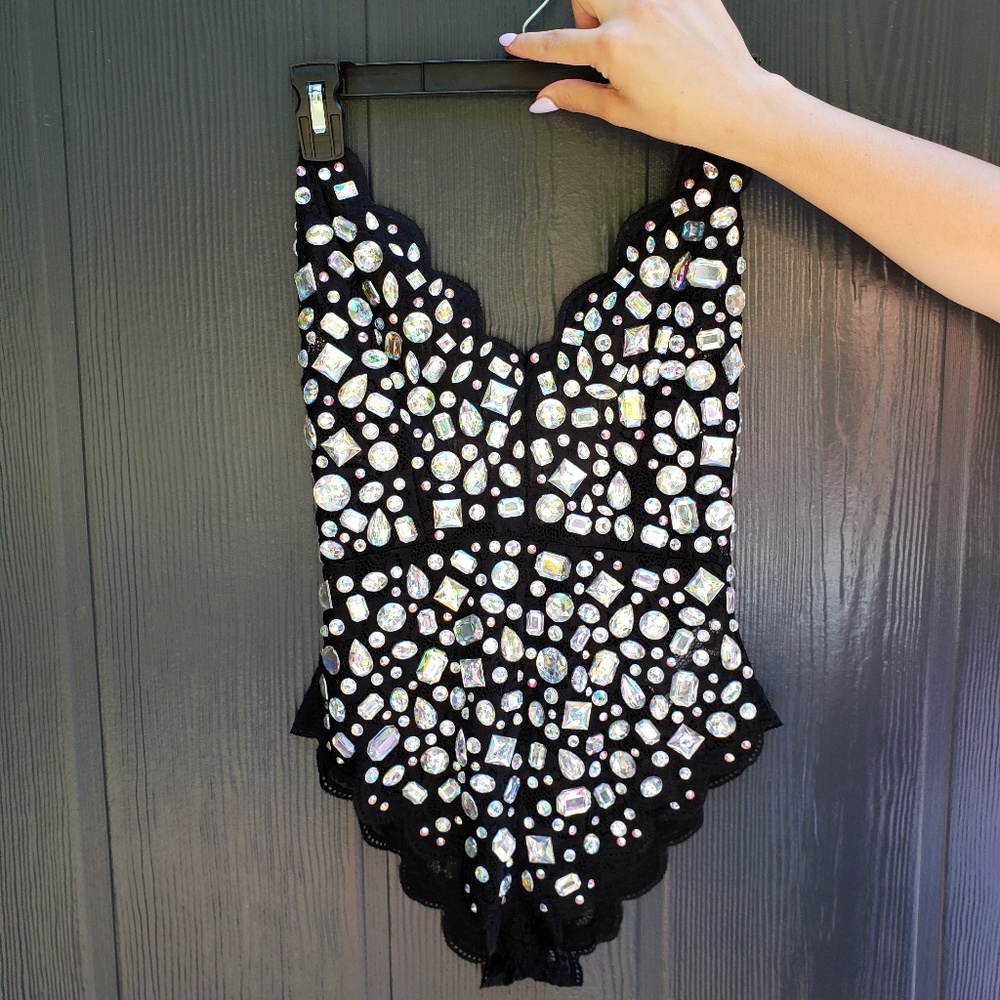 Made to Order Black Rhinestone Rave Bodysuit